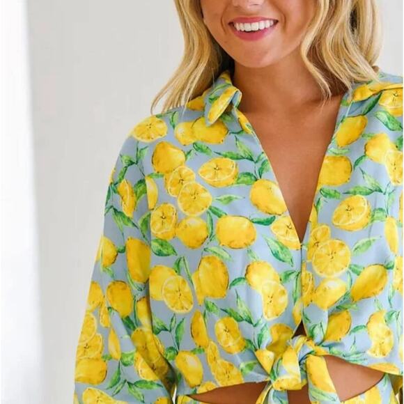 Zara Lemon Print Tie-Waist Top Womens Medium Linen Blend Beachy Novelty Fruit - Picture 5 of 11